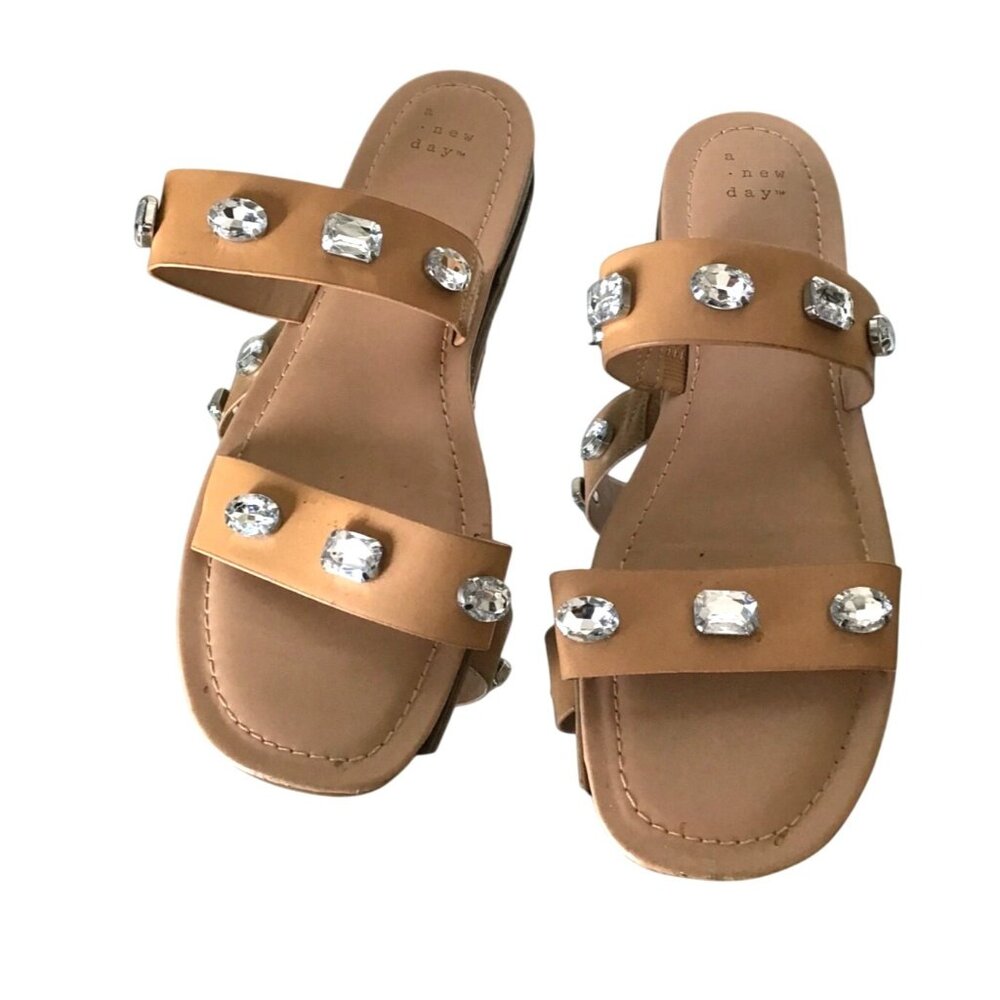 New Day Women's Tan Jeweled Slide Sandals Size 9.5